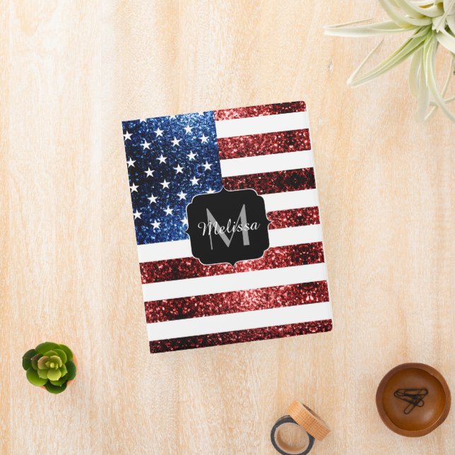 USA flag red and blue sparkles glitters Monogram Mini Binder (InSitu)