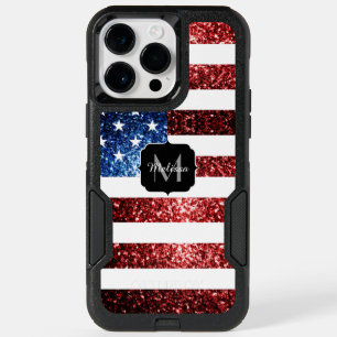 USA flag red and blue sparkles glitters Monogram OtterBox iPhone 14 Pro Max Case