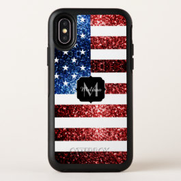 USA flag red and blue sparkles glitters Monogram OtterBox Symmetry iPhone X Case