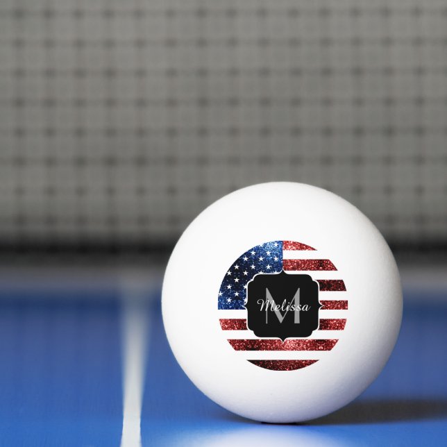 USA flag red and blue sparkles glitters Monogram Ping-Pong Ball (Net)