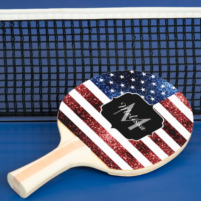 USA flag red and blue sparkles glitters Monogram Ping-Pong Paddle (Insitu)