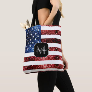USA flag red and blue sparkles glitters Monogram Tote Bag