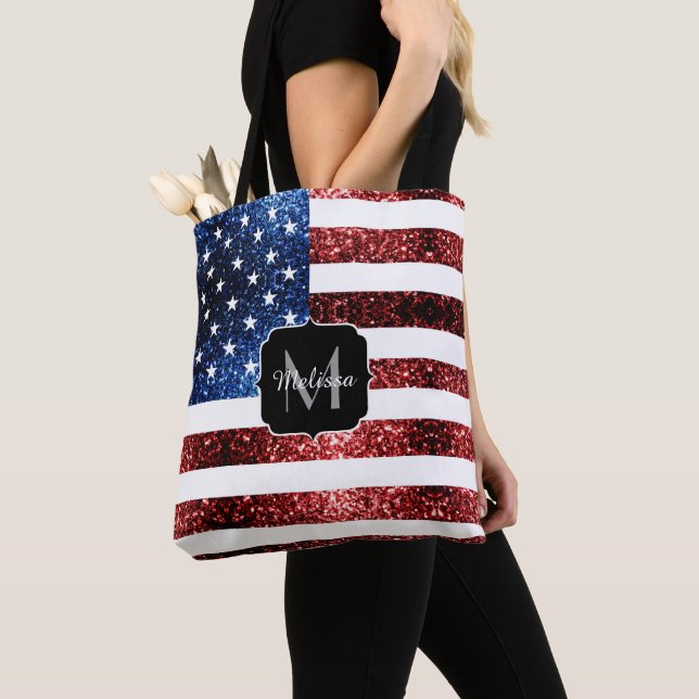 USA flag red and blue sparkles glitters Monogram Tote Bag (Close Up)