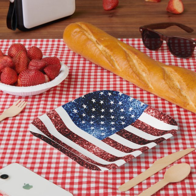 USA flag red and blue sparkles glitters Paper Plates (Picnic)