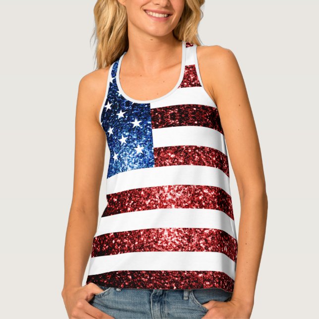 USA flag red and blue sparkles glitters Tank Top (Front)