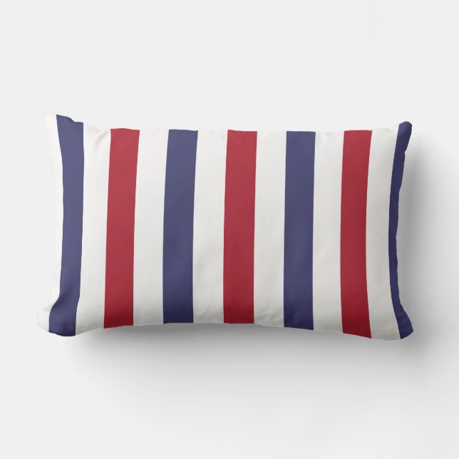 USA Flag Red and Flag Blue Wide Stripes on White Lumbar Pillow (Front)