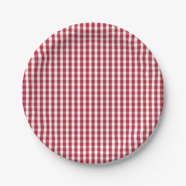 USA Flag Red and White Gingham Checked Paper Plates (Front)