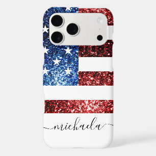 USA flag red blue faux sparkles glitters Monogram iPhone 17 Pro Max Case