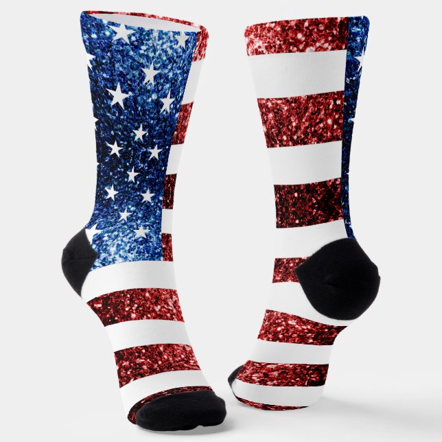 USA flag red blue faux sparkles glitters Socks (Angled)