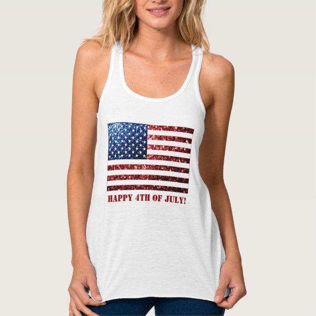 USA flag red blue sparkles 4th of July Custom text Tank Top (Front)