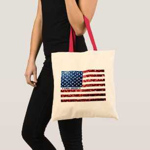USA flag red blue sparkles AMERICA Personalize  Tote Bag