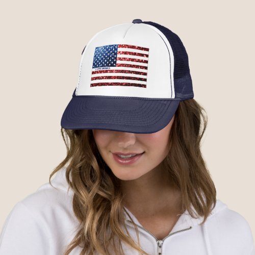 USA flag red blue sparkles AMERICA Personalize  Trucker Hat