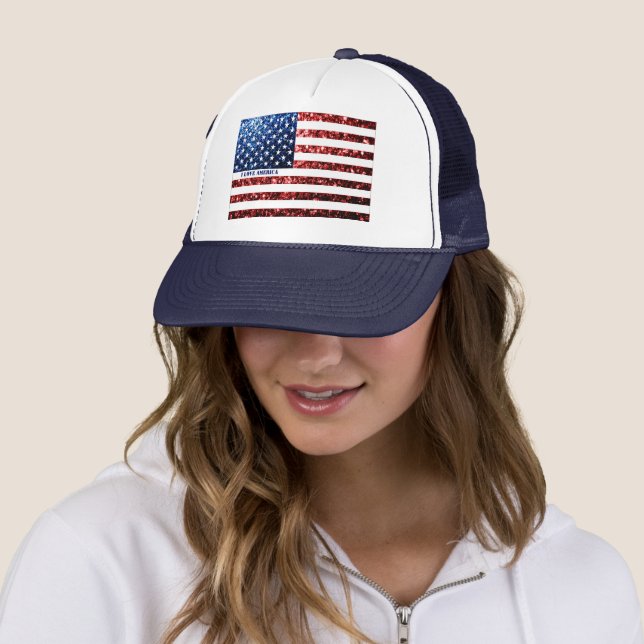 USA flag red blue sparkles AMERICA Personalize  Trucker Hat (In Situ)