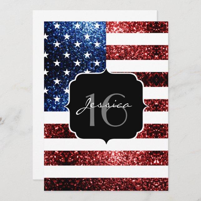 USA flag red blue sparkles glitter Sweet 16 Invite (Front/Back)
