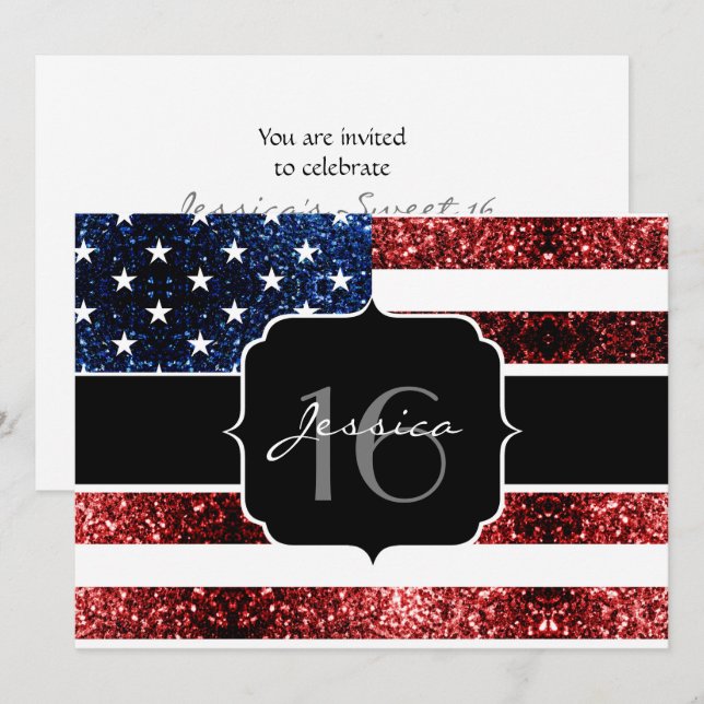 USA flag red blue sparkles glitter Sweet 16 invite (Front/Back)