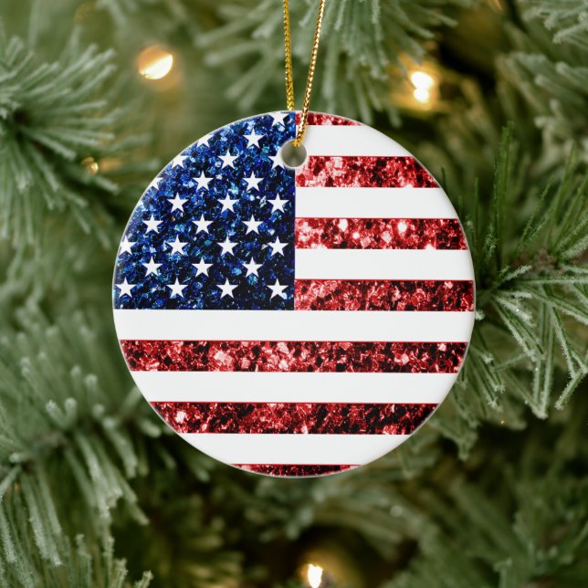 USA flag red blue sparkles glitters Ceramic Ornament (Tree)