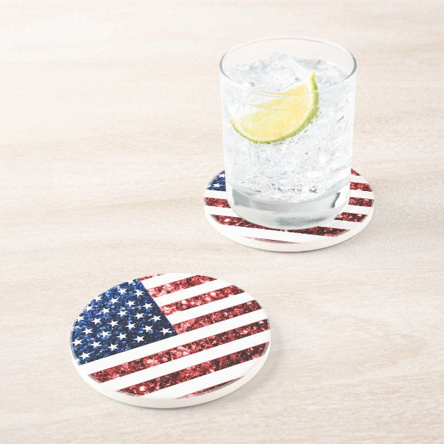 USA flag red blue sparkles glitters Drink Coaster (Side)