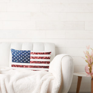 USA flag red blue sparkles glitters Lumbar Pillow