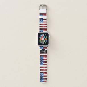 USA flag red blue sparkles glitters Monogram Apple Watch Band