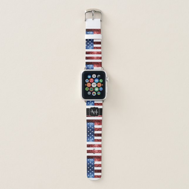 USA flag red blue sparkles glitters Monogram Apple Watch Band (Front)