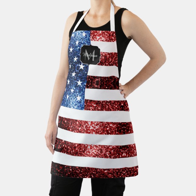 USA flag red blue sparkles glitters Monogram Apron (Insitu)