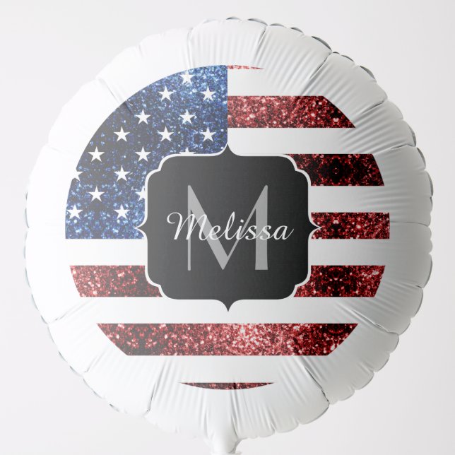 USA flag red blue sparkles glitters Monogram Balloon (Front)
