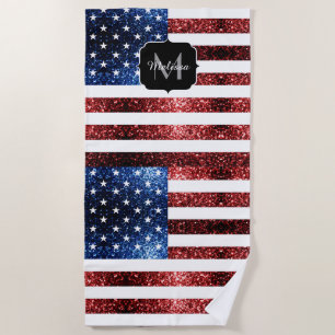 USA flag red blue sparkles glitters Monogram Beach Towel