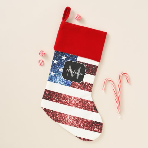 USA flag red blue sparkles glitters Monogram Christmas Stocking