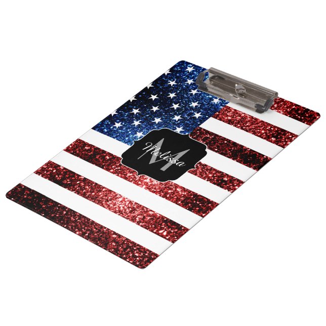 USA flag red blue sparkles glitters Monogram Clipboard (Angled)