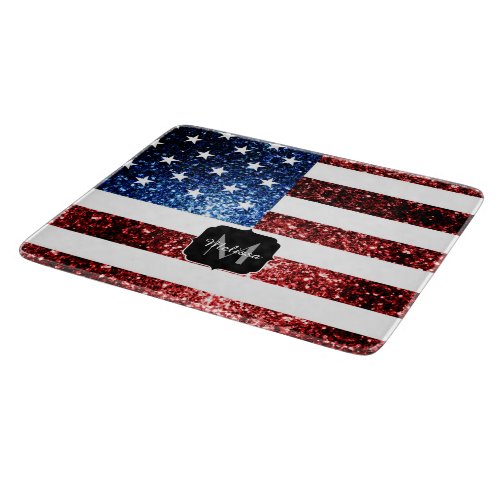 USA flag red blue sparkles glitters Monogram Cutting Board
