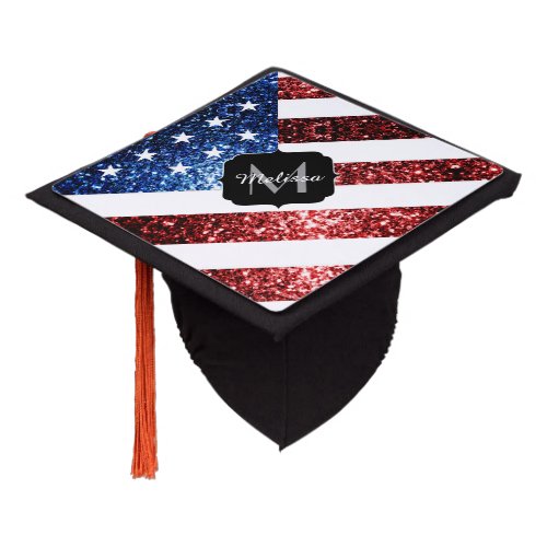 USA flag red blue sparkles glitters Monogram Graduation Cap Topper