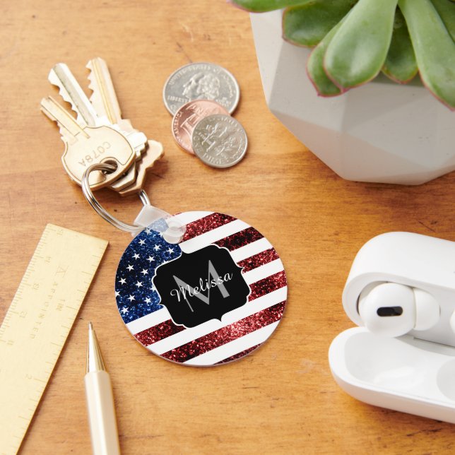 USA flag red blue sparkles glitters Monogram Keychain (Desk)