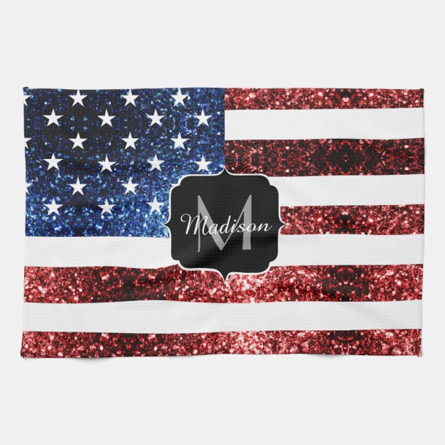 USA flag red blue sparkles glitters Monogram Kitchen Towel (Horizontal)