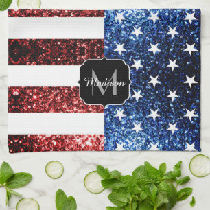 USA flag red blue sparkles glitters Monogram Kitchen Towel