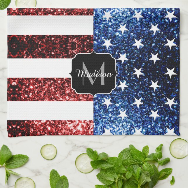 USA flag red blue sparkles glitters Monogram Kitchen Towel (Folded)
