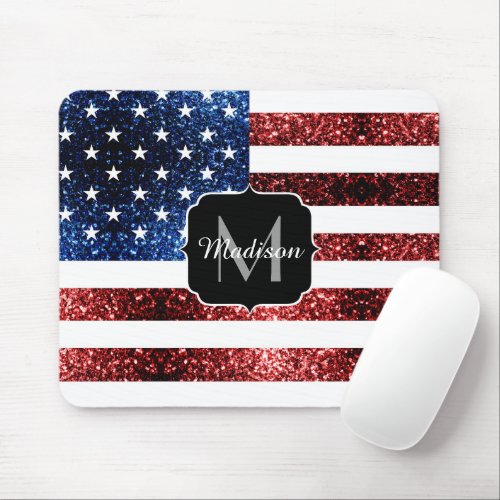 USA flag red blue sparkles glitters Monogram Mouse Pad