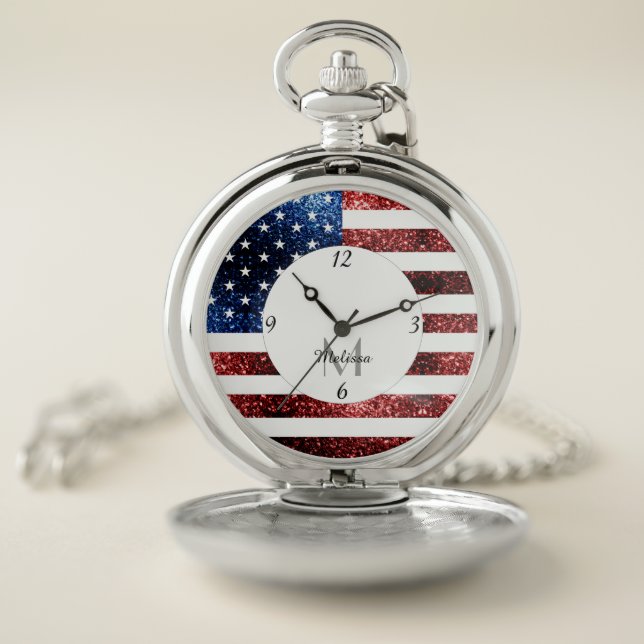 USA flag red blue sparkles glitters Monogram Pocket Watch (Inside)