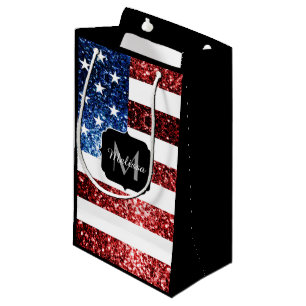 USA flag red blue sparkles glitters Monogram Small Gift Bag