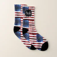 USA flag red white blue sparkles glitters Monogram Socks