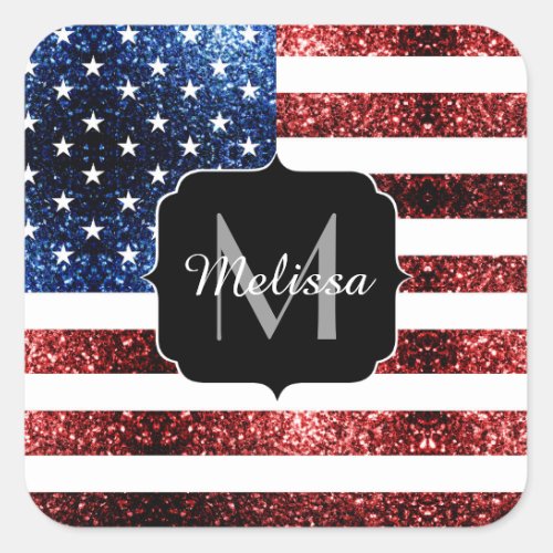 USA flag red blue sparkles glitters Monogram Square Sticker