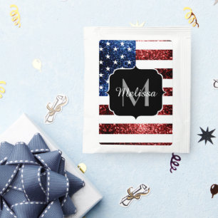 USA flag red blue sparkles glitters Monogram Tea Bag Drink Mix