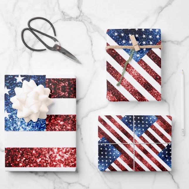 USA flag red blue sparkles glitters pattern Wrapping Paper Sheets (Front)