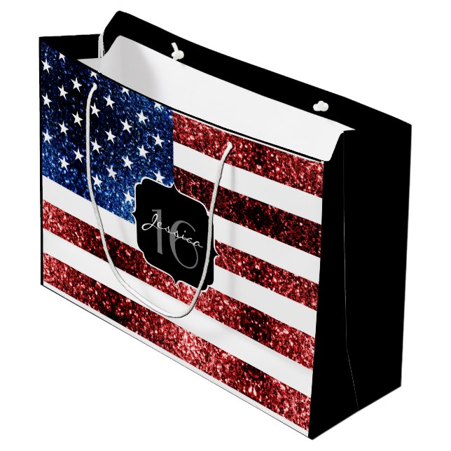 USA flag red blue sparkles glitters Sweet 16 Large Gift Bag (Front Angled)