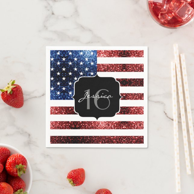 USA flag red blue sparkles glitters Sweet 16 Paper Napkins (Insitu)