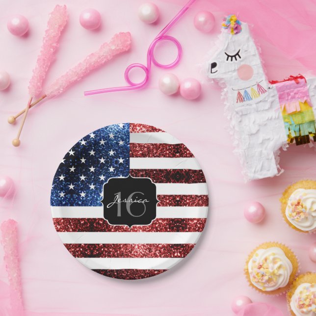 USA flag red blue sparkles glitters Sweet 16 Paper Plates (Party)