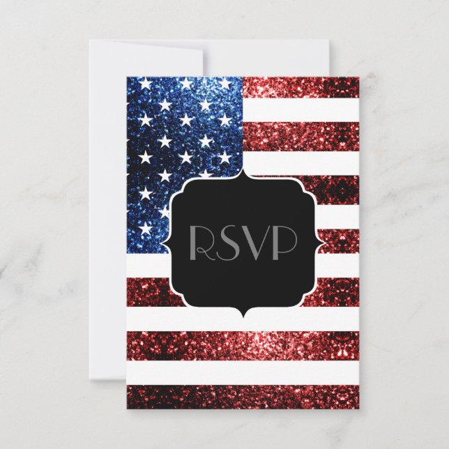 USA flag red blue sparkles glitters Sweet 16 RSVP (Front)