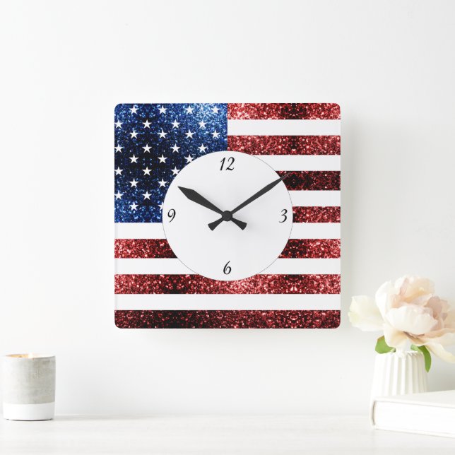 USA flag red blue sparkles glitters with numbers Square Wall Clock (Home)