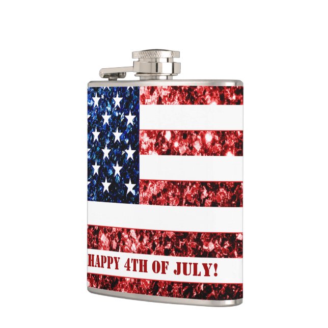USA flag red blue sparkles Happy 4th of July flask (Left)