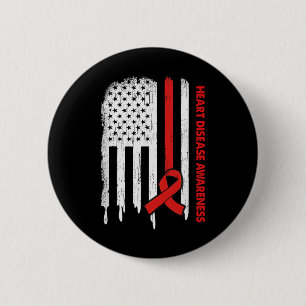 Usa Flag Red Ribbon Heart Disease Awareness Button