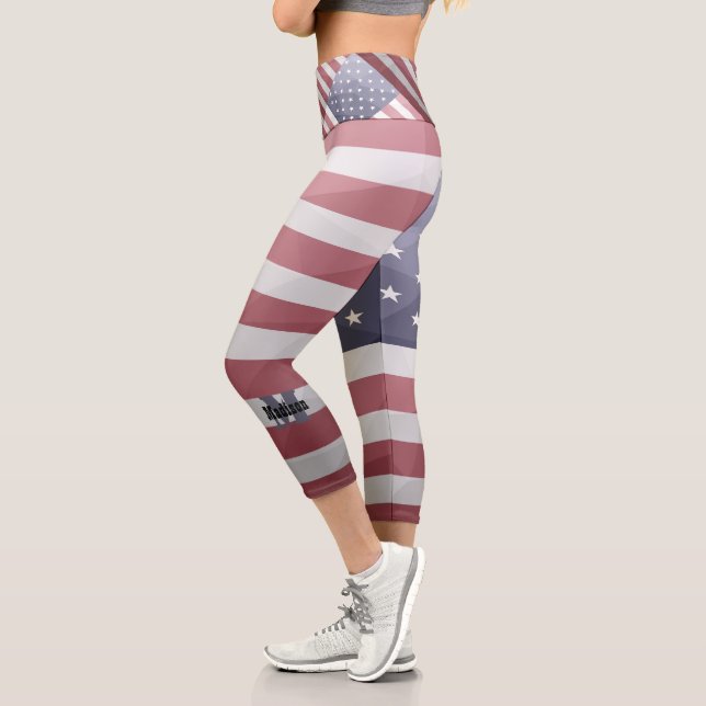 USA flag Red White Blue Geometric Mesh Monogram Capri Leggings (Left)